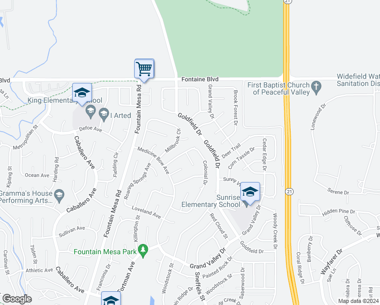 map of restaurants, bars, coffee shops, grocery stores, and more near 7335 Colonial Drive in Fountain