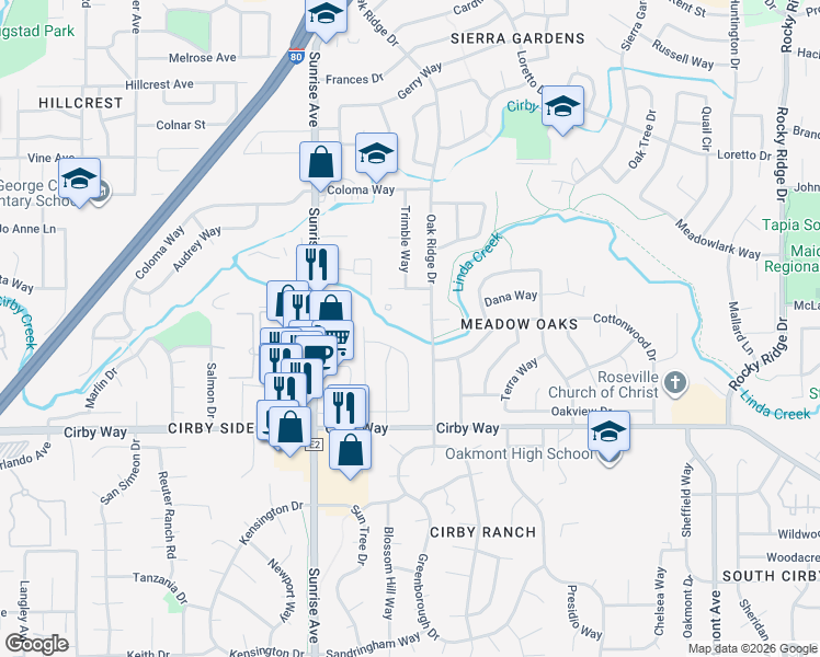 map of restaurants, bars, coffee shops, grocery stores, and more near 930 Oak Ridge Drive in Roseville
