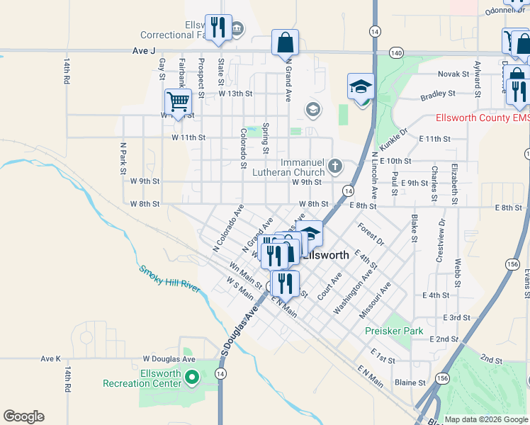 map of restaurants, bars, coffee shops, grocery stores, and more near 401-499 West 8th Street in Ellsworth