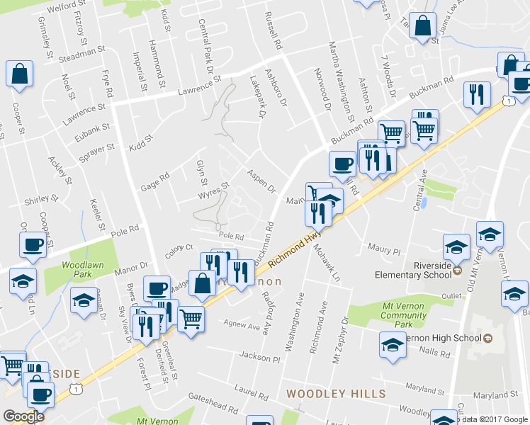 map of restaurants, bars, coffee shops, grocery stores, and more near 8369 Brockham Drive in Alexandria