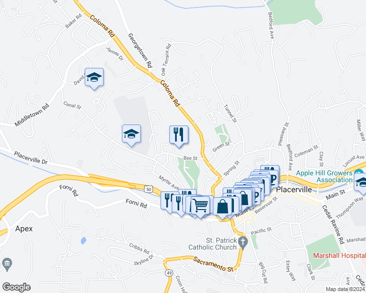 map of restaurants, bars, coffee shops, grocery stores, and more near 635 Weaver Way in Placerville