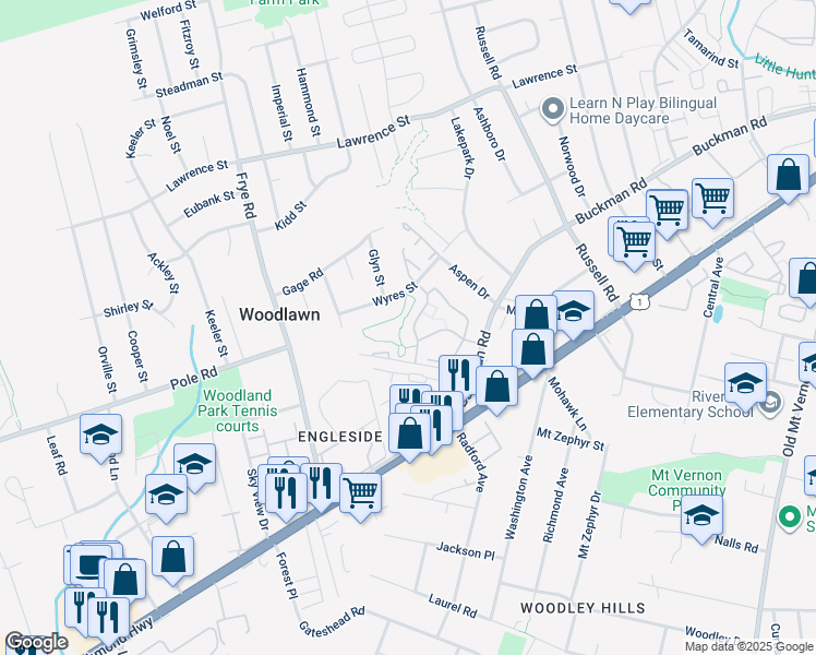 map of restaurants, bars, coffee shops, grocery stores, and more near 8336 Claremont Woods Drive in Alexandria