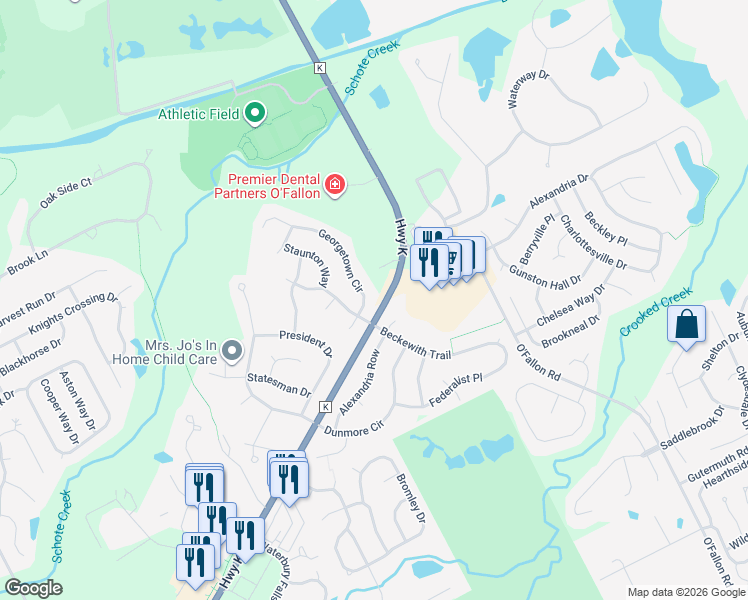 map of restaurants, bars, coffee shops, grocery stores, and more near 14 Georgetown Circle in O'Fallon