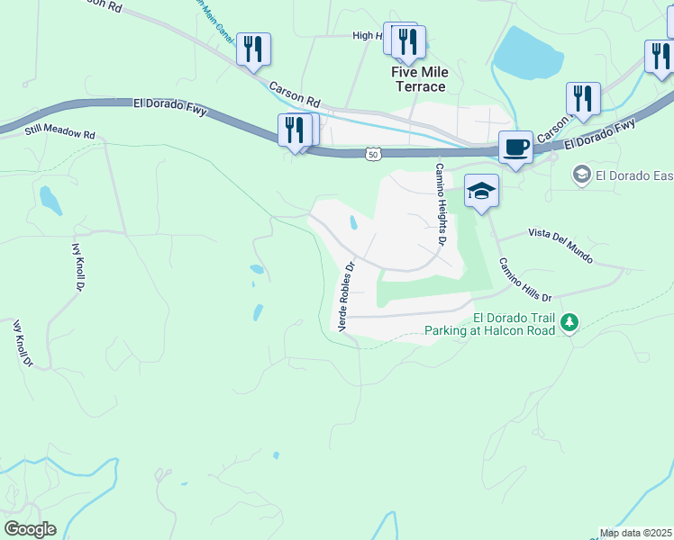map of restaurants, bars, coffee shops, grocery stores, and more near 3116 Verde Robles Drive in Camino