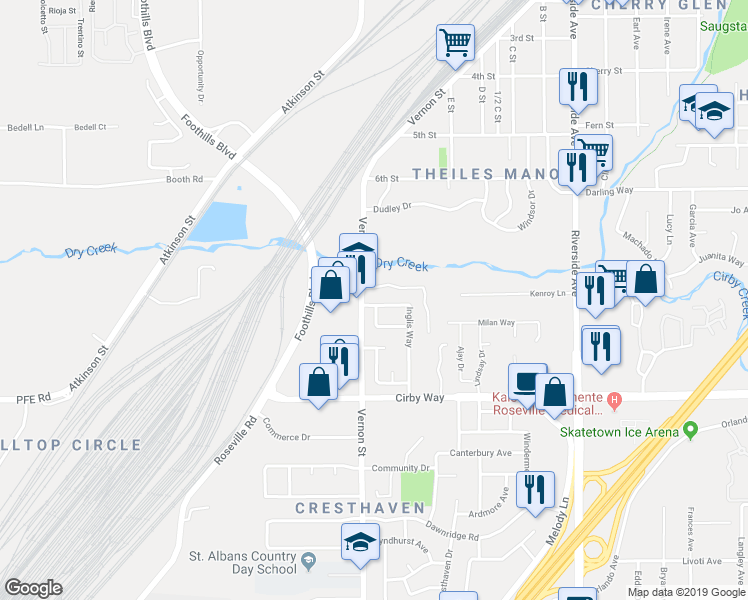map of restaurants, bars, coffee shops, grocery stores, and more near 1675 Vernon Street in Roseville