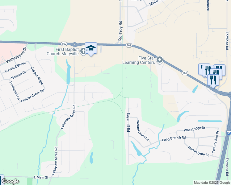 map of restaurants, bars, coffee shops, grocery stores, and more near 2092 Frey Lane in Maryville
