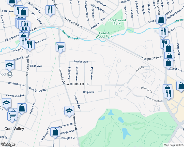 map of restaurants, bars, coffee shops, grocery stores, and more near 6161 Payne Avenue in Ferguson