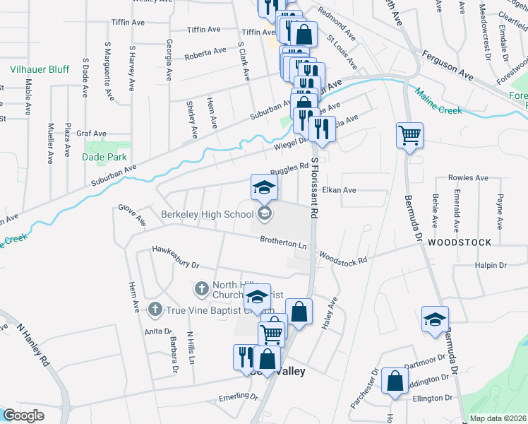 map of restaurants, bars, coffee shops, grocery stores, and more near 10 Fairview Lane in Ferguson