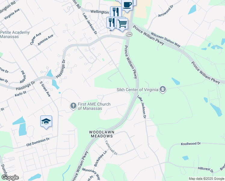 map of restaurants, bars, coffee shops, grocery stores, and more near 8420 Cabin Branch Court in Manassas
