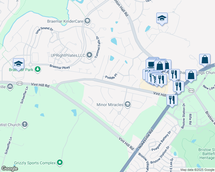 map of restaurants, bars, coffee shops, grocery stores, and more near 12220 Sedge Street in Bristow