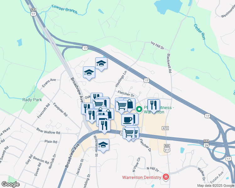 map of restaurants, bars, coffee shops, grocery stores, and more near 215 Fernwood Place in Warrenton