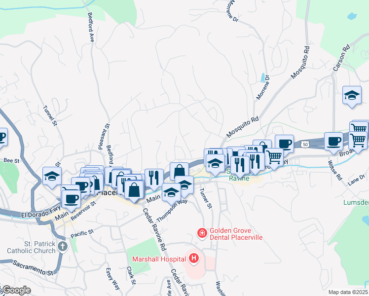 map of restaurants, bars, coffee shops, grocery stores, and more near 1149 Elm Avenue in Placerville