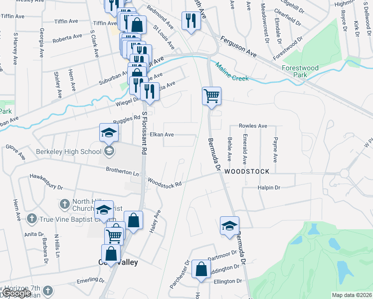 map of restaurants, bars, coffee shops, grocery stores, and more near 127 Anabel Avenue in Ferguson