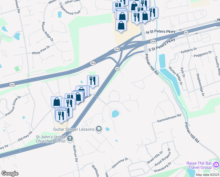map of restaurants, bars, coffee shops, grocery stores, and more near 1324 Piedmont Circle in St. Peters