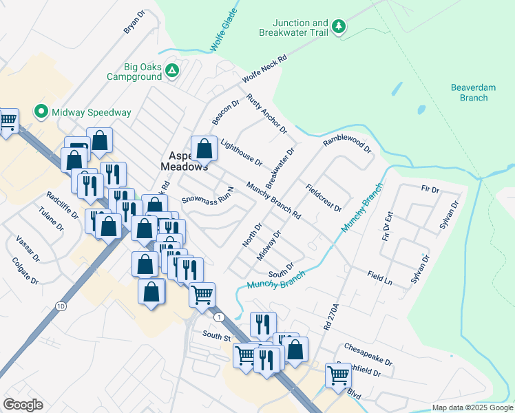map of restaurants, bars, coffee shops, grocery stores, and more near 18597 Snowmass Run in Rehoboth Beach