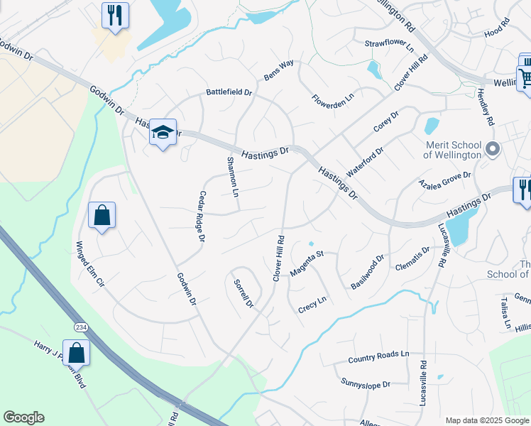 map of restaurants, bars, coffee shops, grocery stores, and more near 10102 Makelys Way in Manassas