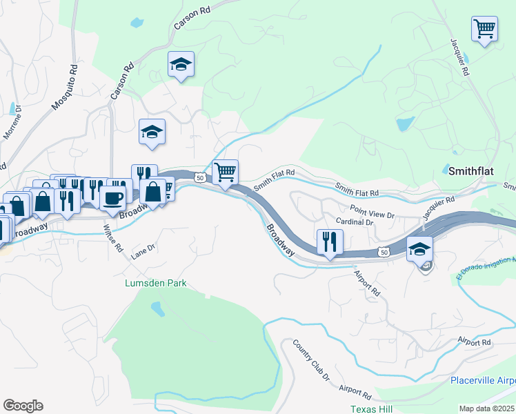 map of restaurants, bars, coffee shops, grocery stores, and more near Broadway in Placerville