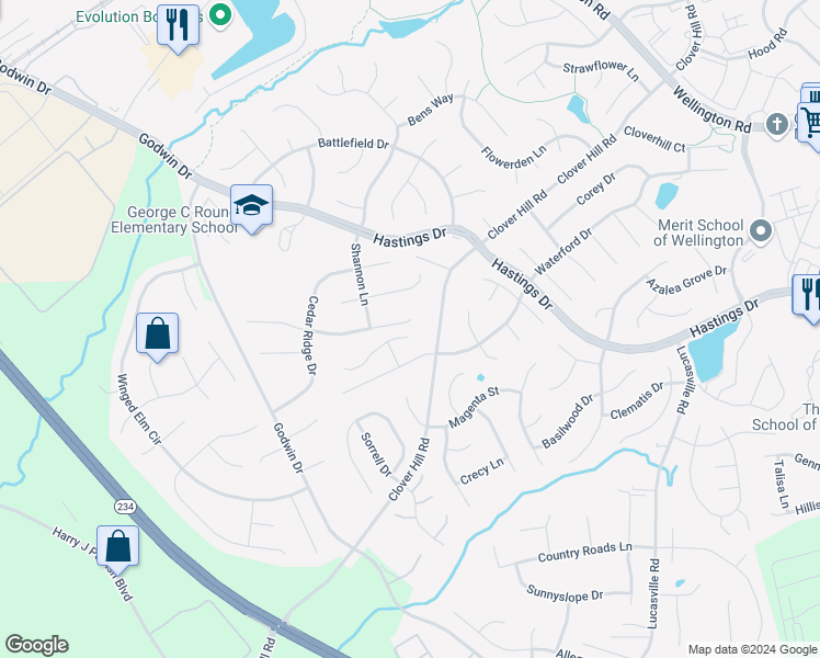 map of restaurants, bars, coffee shops, grocery stores, and more near 10102 Makelys Way in Manassas