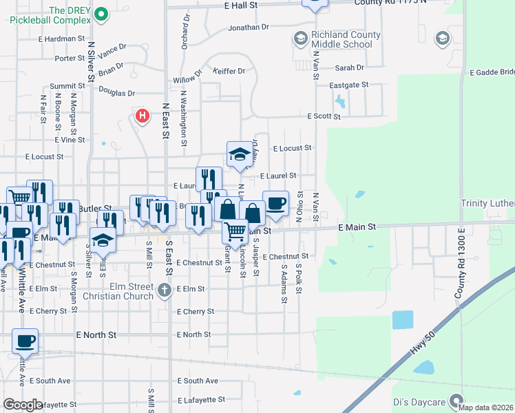 map of restaurants, bars, coffee shops, grocery stores, and more near 201-303 North Jackson Street in Olney