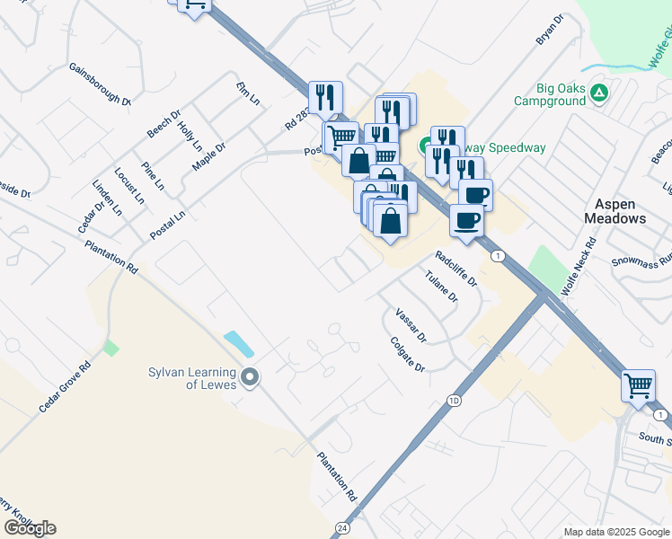 map of restaurants, bars, coffee shops, grocery stores, and more near 34843 Pinehurst Way in Lewes