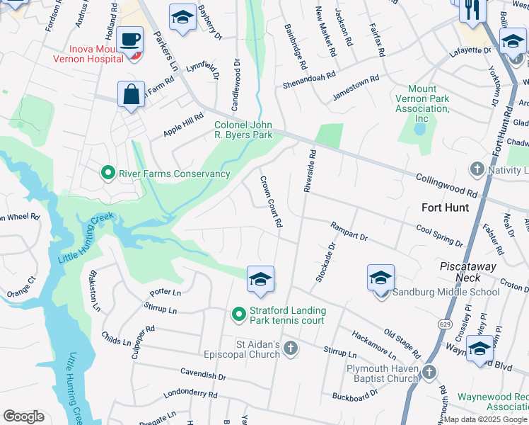 map of restaurants, bars, coffee shops, grocery stores, and more near 8240 Kings Arm Drive in Alexandria