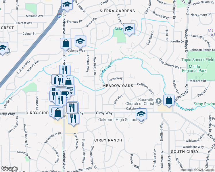 map of restaurants, bars, coffee shops, grocery stores, and more near 1006 Charleston Circle in Roseville