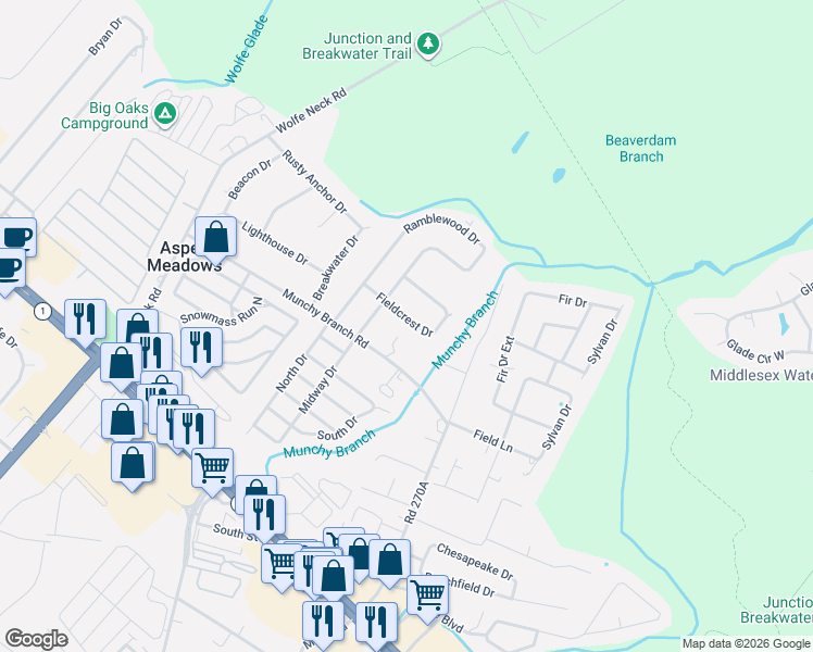 map of restaurants, bars, coffee shops, grocery stores, and more near 20103 Fieldcrest Drive in Rehoboth Beach