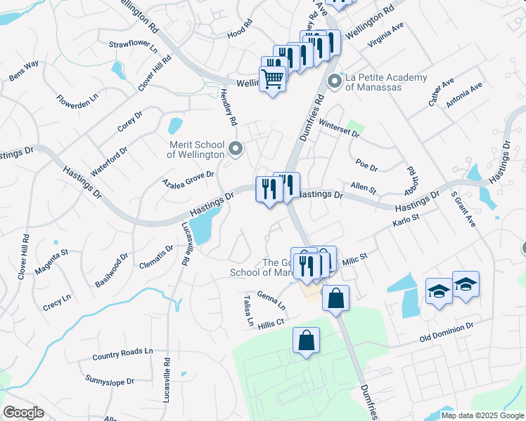 map of restaurants, bars, coffee shops, grocery stores, and more near 10105 Hastings Drive in Manassas