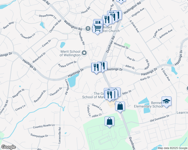 map of restaurants, bars, coffee shops, grocery stores, and more near 10105 Hastings Drive in Manassas