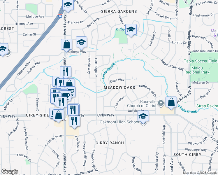 map of restaurants, bars, coffee shops, grocery stores, and more near 1006 Charleston Circle in Roseville