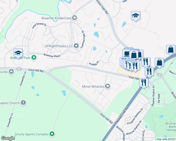 map of restaurants, bars, coffee shops, grocery stores, and more near 12228 Sedge Street in Bristow