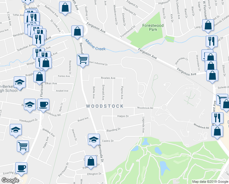 map of restaurants, bars, coffee shops, grocery stores, and more near 6161 Payne Avenue in Ferguson