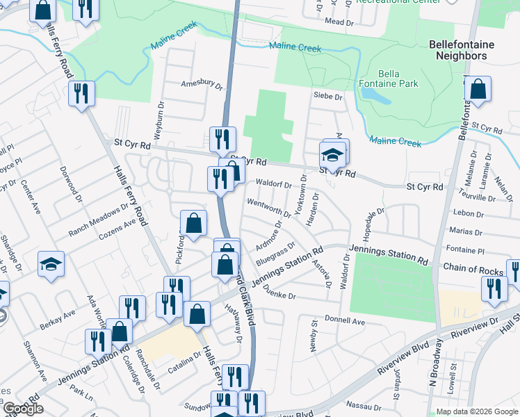 map of restaurants, bars, coffee shops, grocery stores, and more near 9401 Acosta Drive in St. Louis