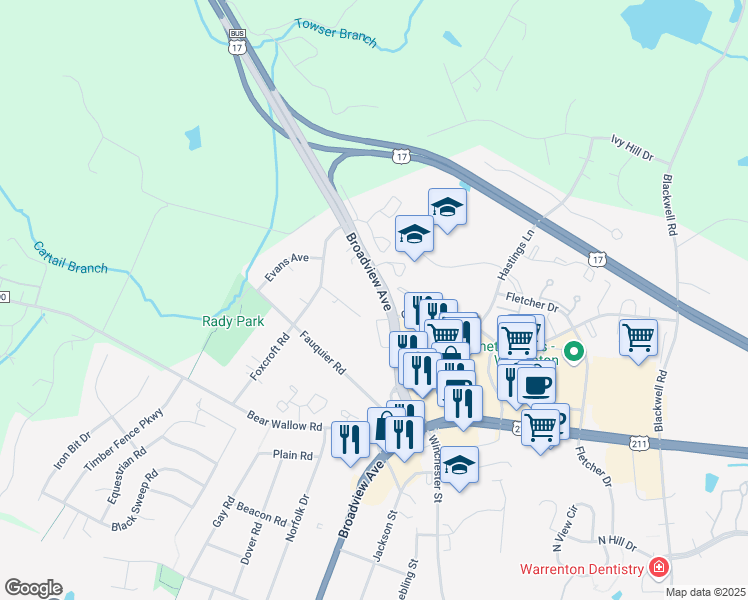 map of restaurants, bars, coffee shops, grocery stores, and more near 602 Broadview Avenue in Warrenton