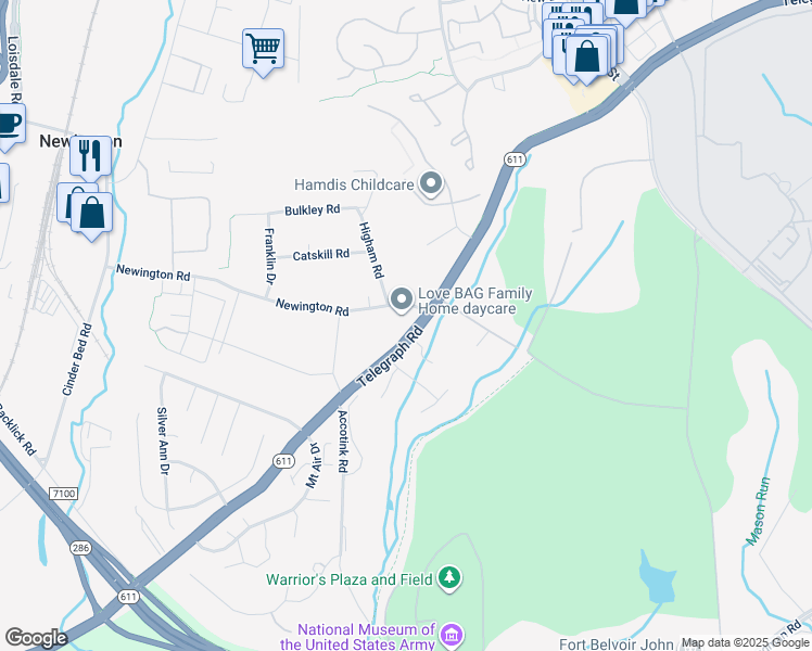 map of restaurants, bars, coffee shops, grocery stores, and more near 8304 Telegraph Road in Lorton