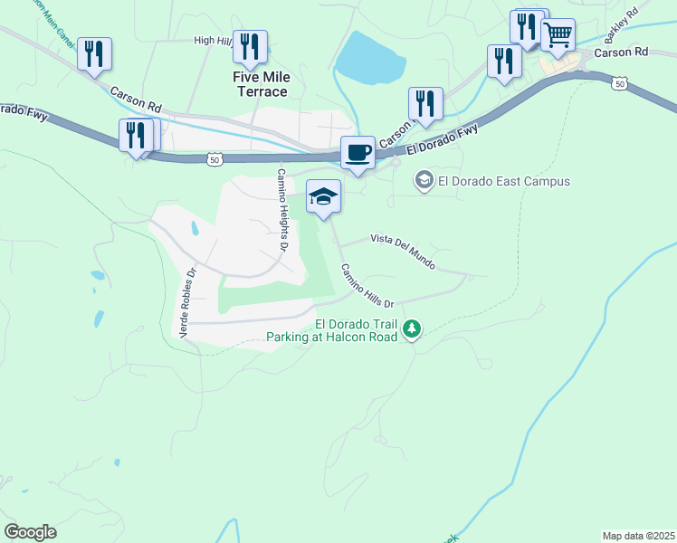 map of restaurants, bars, coffee shops, grocery stores, and more near 3596 Camino Hills Drive in Camino
