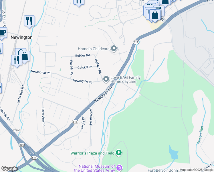 map of restaurants, bars, coffee shops, grocery stores, and more near 8304 Telegraph Road in Lorton