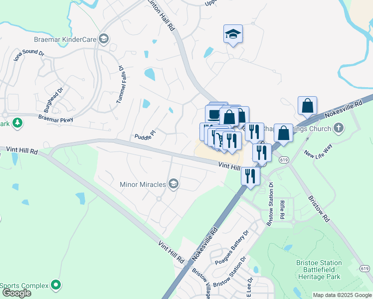 map of restaurants, bars, coffee shops, grocery stores, and more near 12004 Fitzgerald Way in Linton Hall