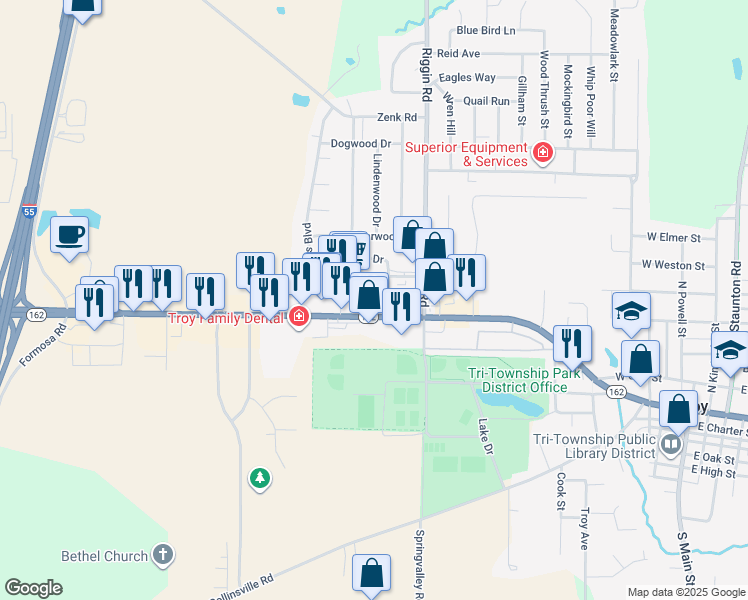 map of restaurants, bars, coffee shops, grocery stores, and more near 515 Edwardsville Road in Troy