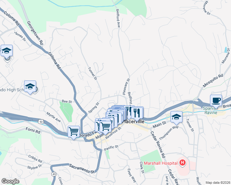 map of restaurants, bars, coffee shops, grocery stores, and more near 959 Spring Street in Placerville