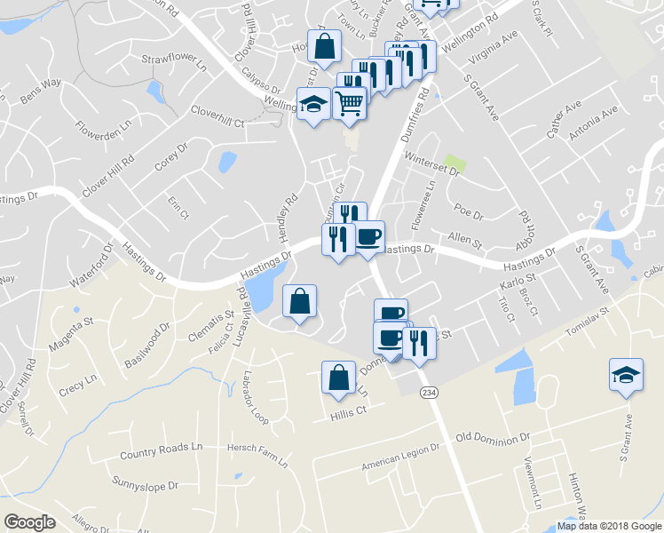 map of restaurants, bars, coffee shops, grocery stores, and more near 10159 Hastings Dr in Manassas