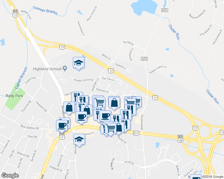 map of restaurants, bars, coffee shops, grocery stores, and more near 135 Copper Mill Drive in Warrenton