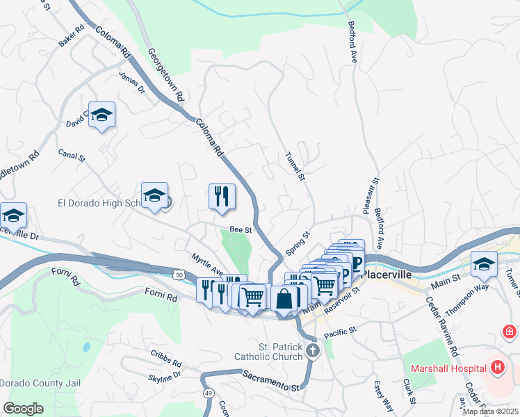 map of restaurants, bars, coffee shops, grocery stores, and more near 2830 Coloma Street in Placerville