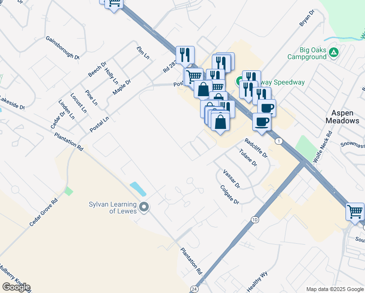 map of restaurants, bars, coffee shops, grocery stores, and more near 18871 Bethpage Drive in Rehoboth Beach