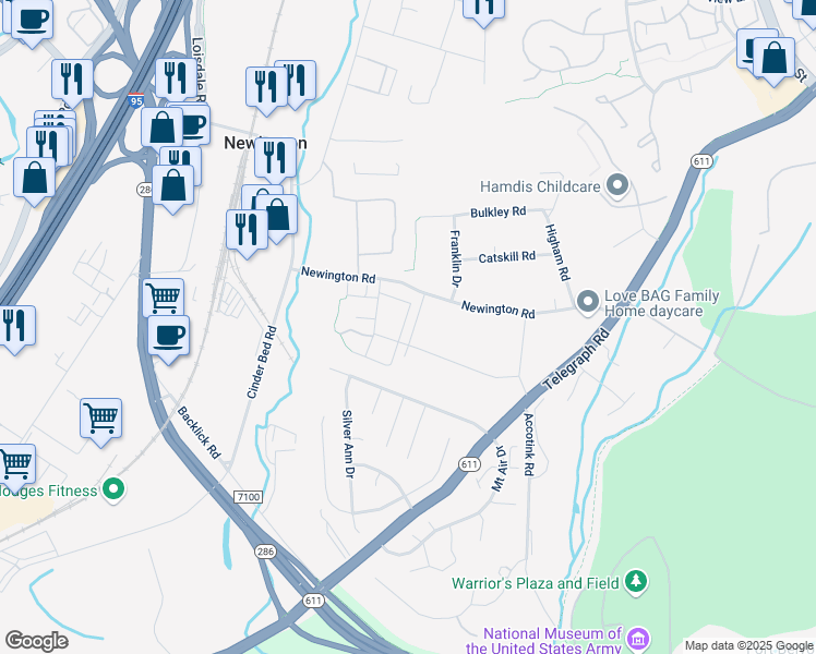 map of restaurants, bars, coffee shops, grocery stores, and more near 8223 Stationhouse Court in Lorton
