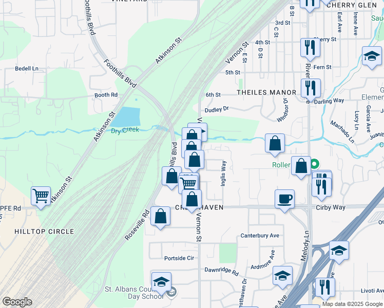 map of restaurants, bars, coffee shops, grocery stores, and more near 1780 Vernon Street in Roseville