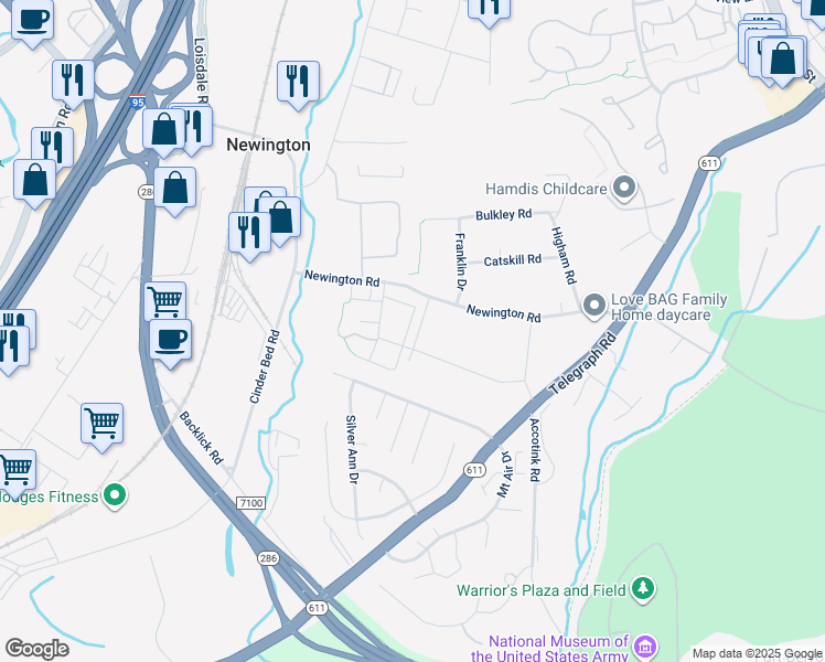 map of restaurants, bars, coffee shops, grocery stores, and more near 8223 Stationhouse Court in Lorton