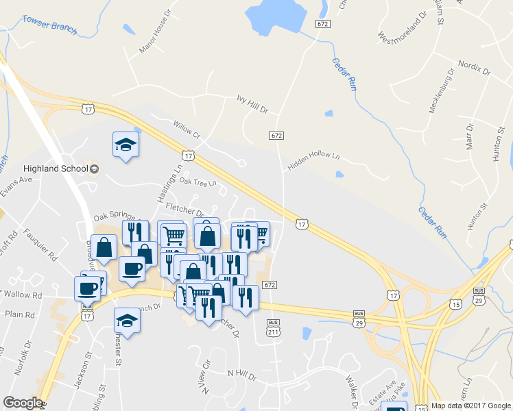 map of restaurants, bars, coffee shops, grocery stores, and more near 33 Pepper Tree Court in Warrenton