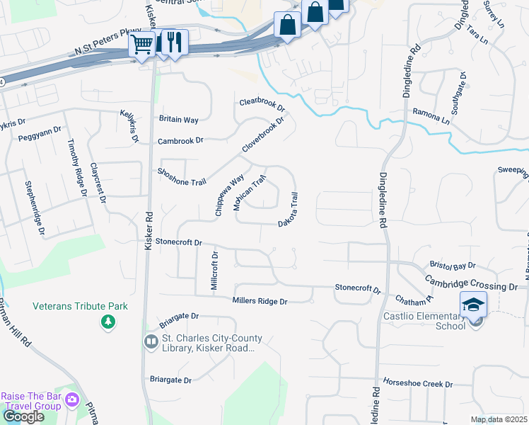 map of restaurants, bars, coffee shops, grocery stores, and more near 4534 Chickasaw Pass in St. Charles