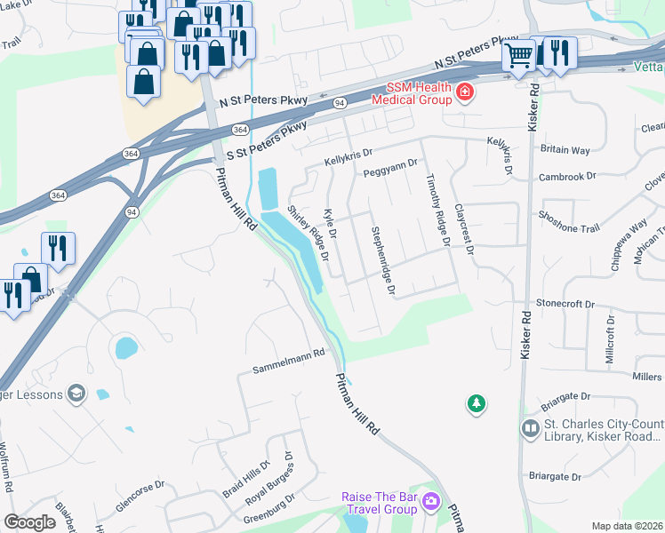 map of restaurants, bars, coffee shops, grocery stores, and more near 1334 Kyle Drive in Saint Charles